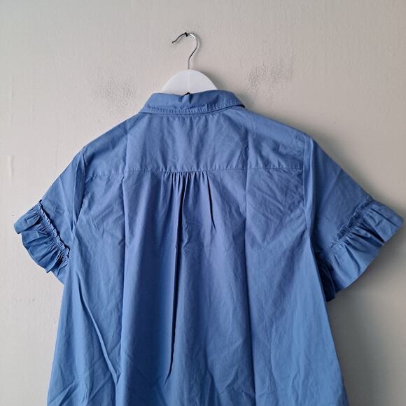 NWT Quince Organic Cotton Poplin Short Sleeve Ruffle Shirt Dress Blue Womens S - Picture 7 of 13